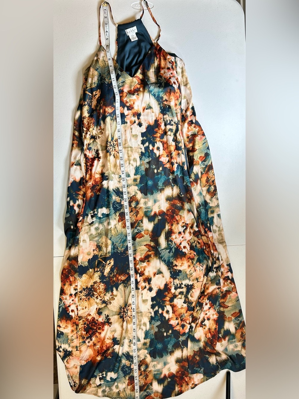 NICOLE MILLER Satin Floral Maxi Slip Dress M Racerback Watercolor With Pockets - Picture 8 of 16